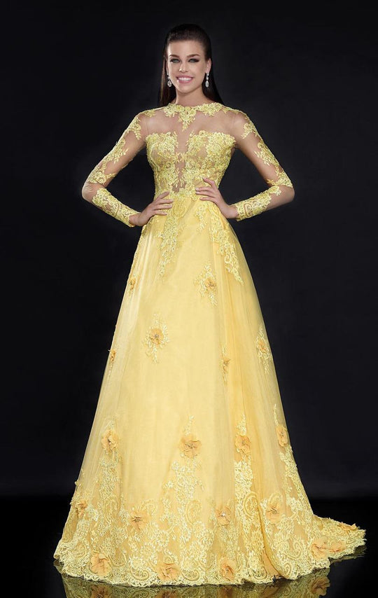 Tarik Ediz - Appliqued Tulle Gown 92540 in Yellow