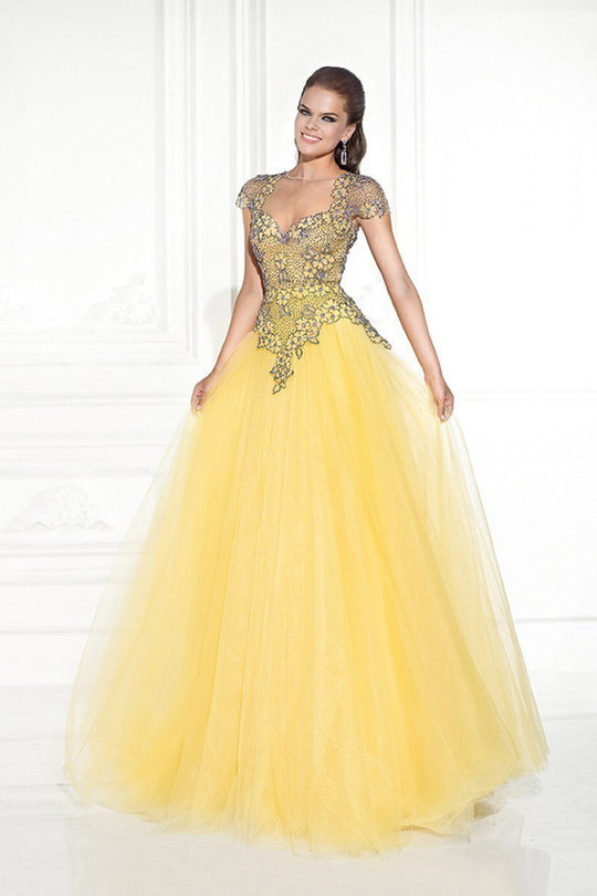 Tarik Ediz - Embellished Illusion Jewel Neck Gown 92578 in Yellow