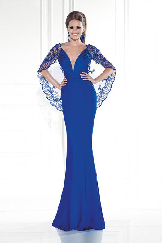 Tarik Ediz 92583 Fitted Embellished V-Neck Cape Gown In Sax