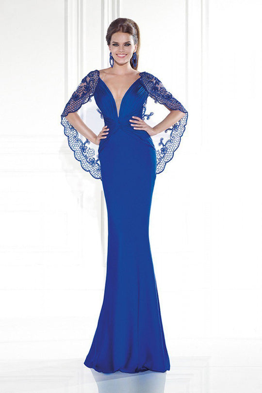 Tarik Ediz - Embellished V-Neck Cape Gown 92583 in Blue