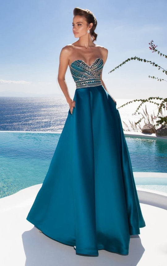 Tarik Ediz - Strapless Jeweled Gown 92655 in Blue and Green