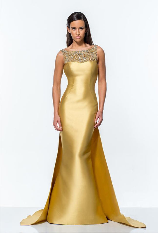 Terani Couture - Bejeweled Bateau Neck Trumpet Gown 151E0297B in Gold
