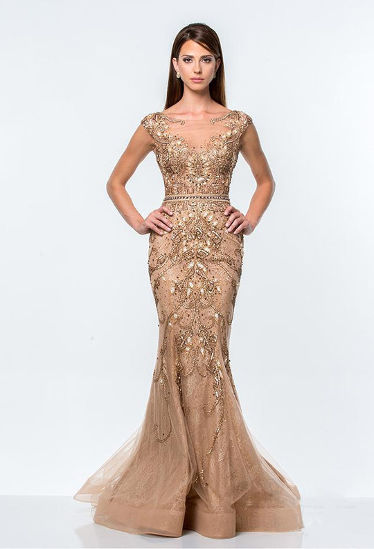 Terani Couture - Embellished Scoop Neck Mermaid Gown 151GL0425B in Brown