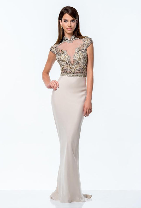 Terani Couture - High Mandarin Bejeweled Sheath Gown 151M0352A In Champagne