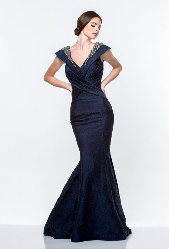 Terani Couture - 151M0370A Embellished V-Neck Mermaid Dress in Blue