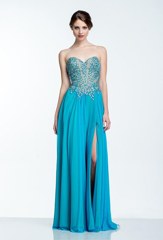 Terani Couture - 151P0037A Strapless Jeweled Chiffon Gown in Blue and Neutral