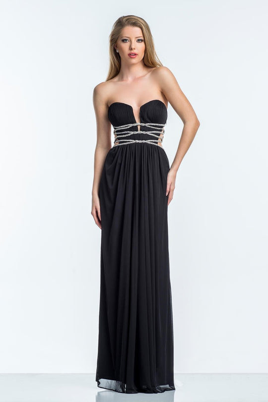 Terani Couture - 151P0043A Grecian Style Plunging Illusion Gown in Black