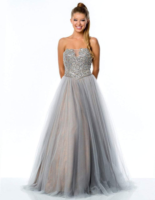Terani Couture - Embellished Illusion Sweetheart Gown 151P0084B in Silver and Neutral