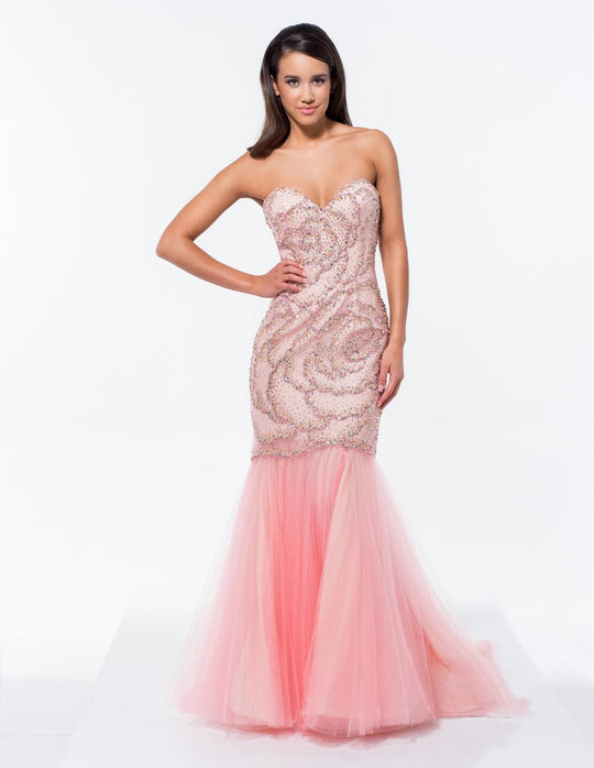 Terani Couture - 151P0110A Strapless Rose Motif Embellished Mermaid Gown In Pink and Neutral