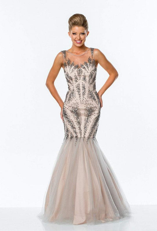 Terani Couture - Embellished Illusion Jewel Neck Gown 151P0129B in Silver and Neutral