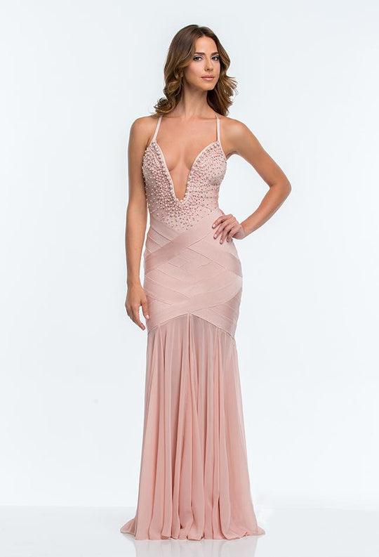 Terani Couture - 151P0145A Pearl Embellished Bandage Gown in Pink