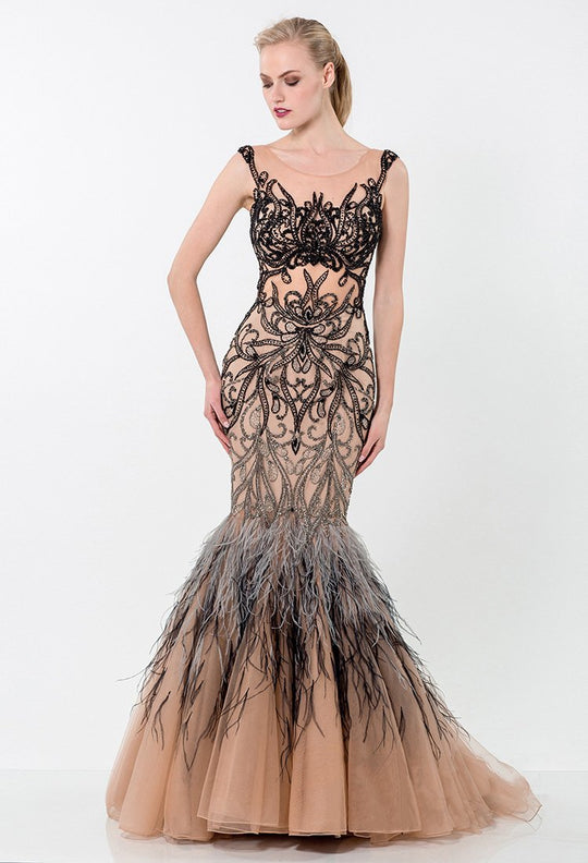 Terani Couture - Baroque Illusion Mermaid Gown with Feather Fringes 1521GL0767A In Black Nude