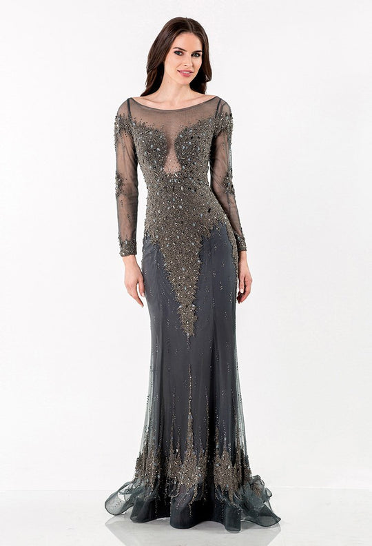 Terani Couture - Bedecked Bateau Illusion Mermaid Gown 1522GL0830A in Gunmetal