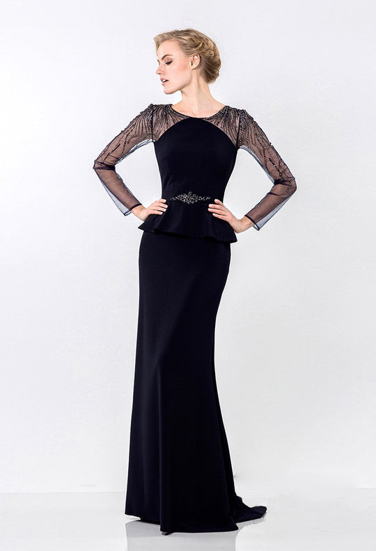 Terani Couture - Elegant Bead Embellished Scoop Neck Sheath Gown 1522M0655A In Navy
