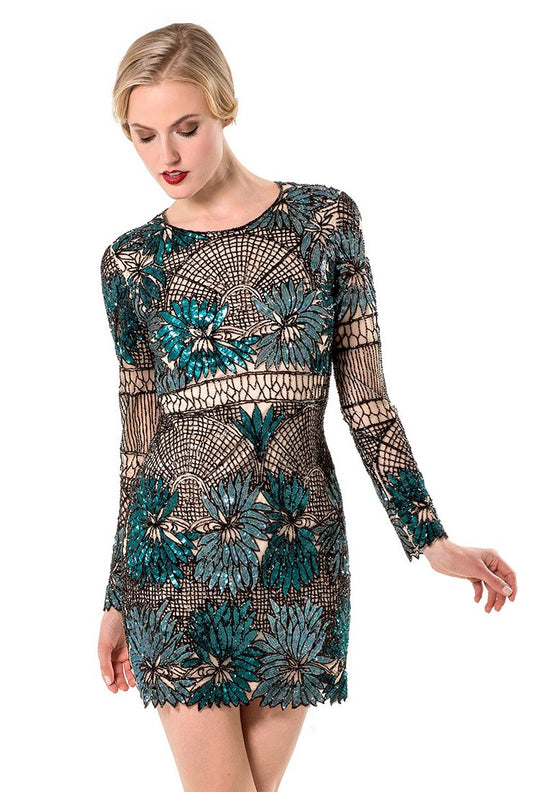 Terani Couture - Long Sleeve Nude Illusion Dress 1525C0920 In Multi-Color and Floral