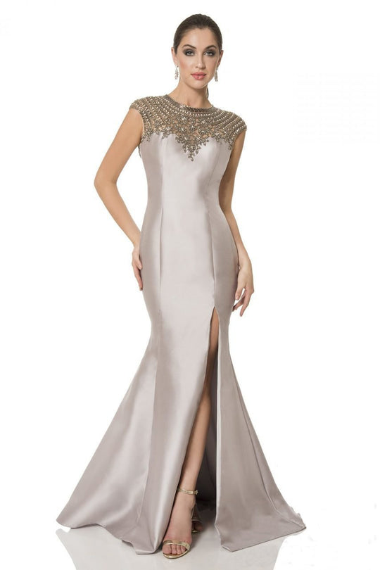Terani Couture - Elegant Beaded Sleeveless Illusion Neck Polyester Trumpet Gown 1611M0625A In Taupe