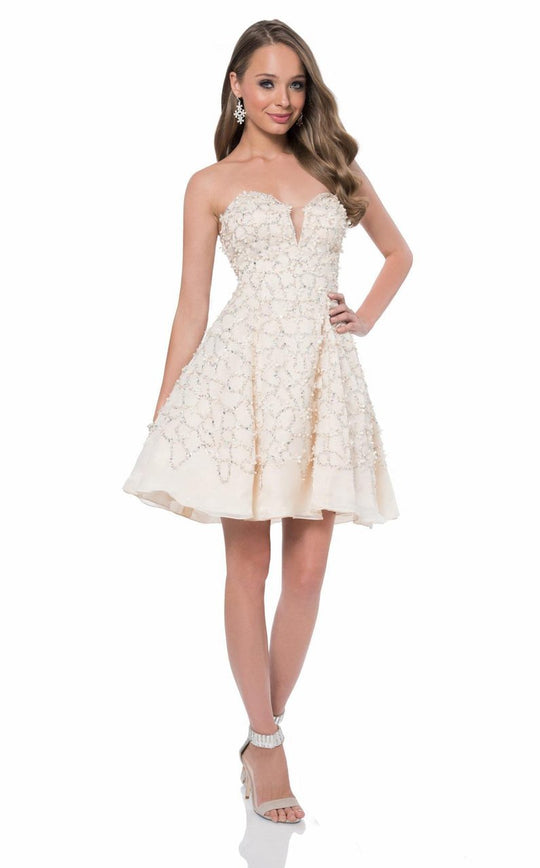 Terani Couture - 1611P0109A Strand Notched Lace Up Back Cocktail Dress in Neutral