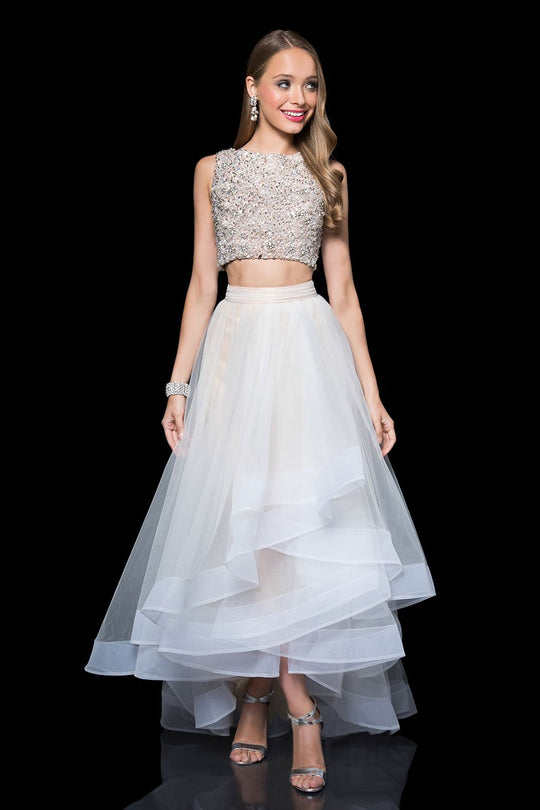 Terani Couture - Sparkling Crystal Embellished Bateau Neck Two Piece High-Low A-line Gown 1611P1364A In White and Neutral