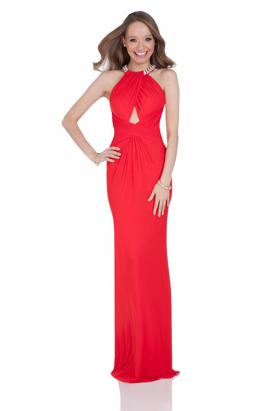 Terani Couture - 1613P0620A Embellished Ruched Sheath Dress in Red