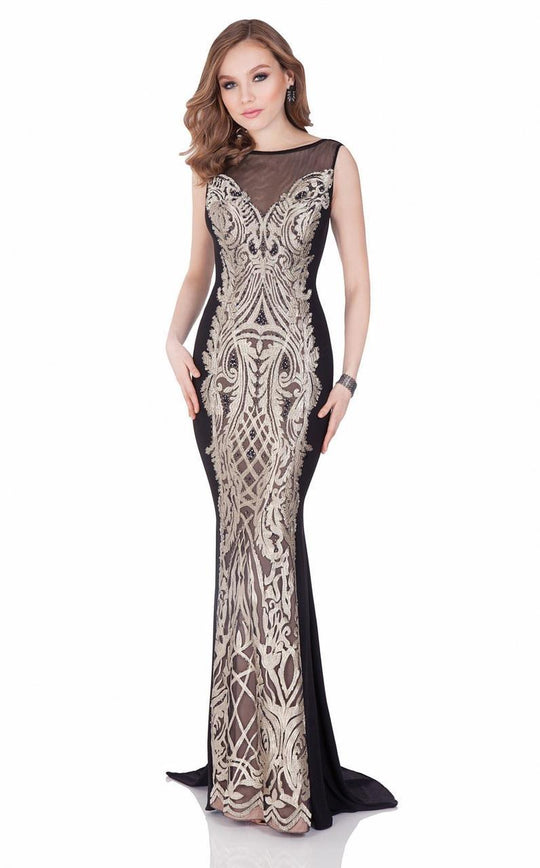 Terani Couture - Sheer and Golden Laced Detail Evening Dress 1621E1445 In Black and Neutral