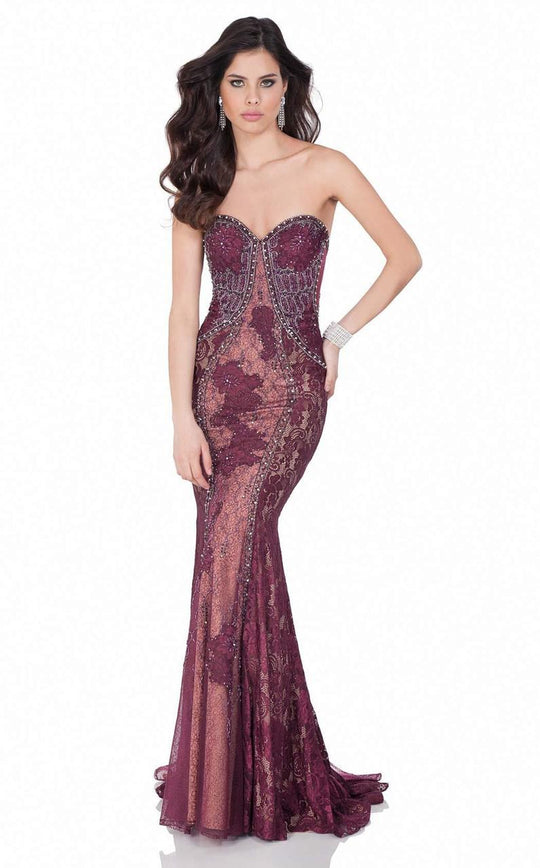 Terani Couture - Strapless Bejeweled and Lace Evening Gown 1621E1459 In Red and Neutral