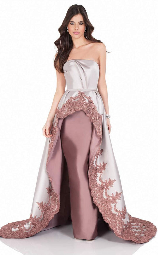 Terani Couture - 1621E1468 Strapless Lace Applique Gown with Train In White and Brown