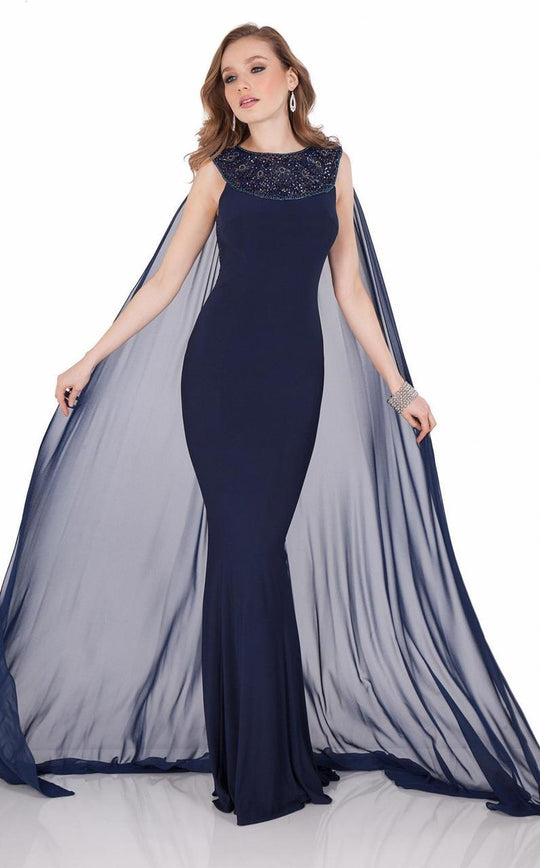 Terani Couture - Sleeveless Stone Encrusted Cape Gown1621E1505 In Blue