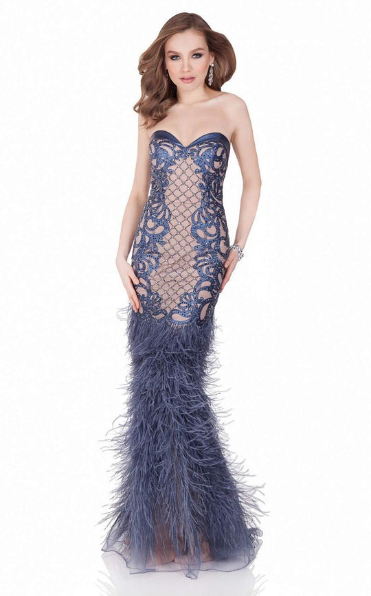 Terani Couture - Strapless Sweetheart Beaded Leather Fit and Flare Feather Gown 1621GL1903 In Blue and Neutral