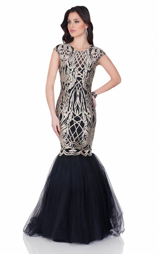 Terani Couture - Cap Sleeve Metallic Embroidered Mermaid Gown 1622E1567 In Gold and Black