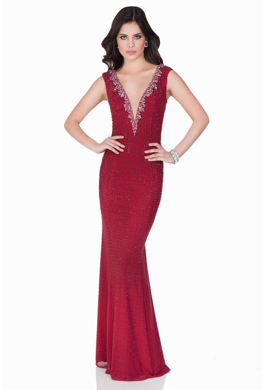 Terani Couture - Plunging V-Neck with Shimmering Crystals Evening Gown 1622E1578 In Red