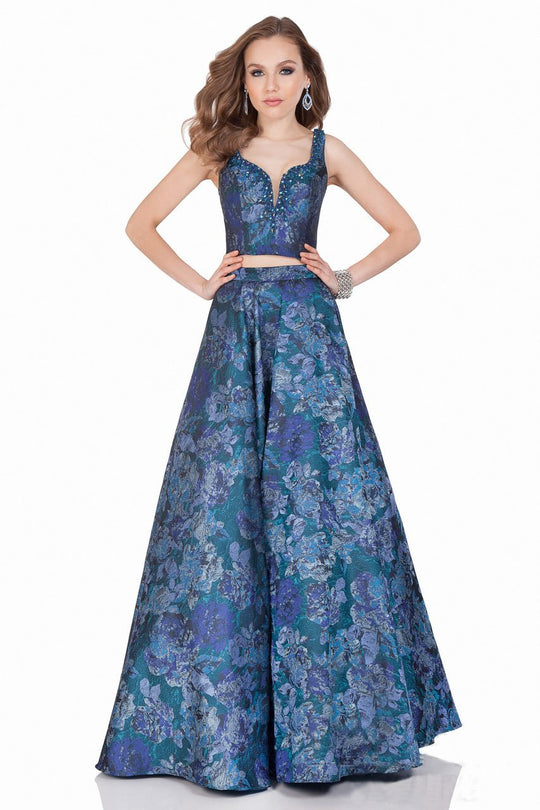 Terani Couture - Two Piece Floral Print A-line Gown 1622E1582 In Blue and Floral