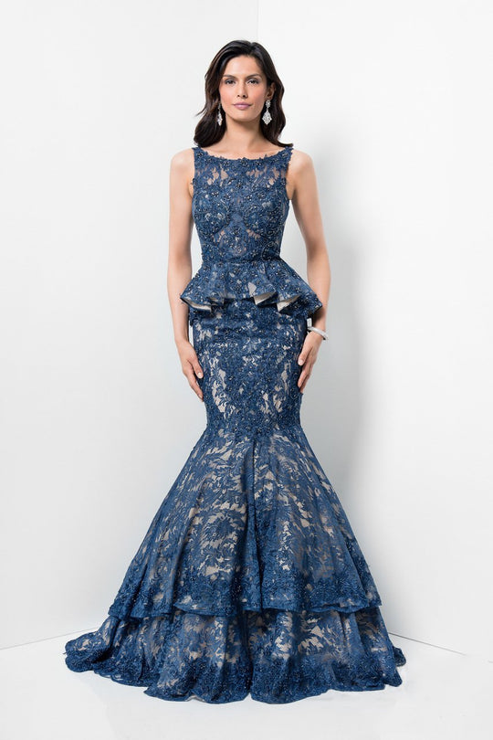 Terani Couture - Ornate Tiered Mermaid Gown with Peplum Detail 1711GL3536 In Blue and Neutral