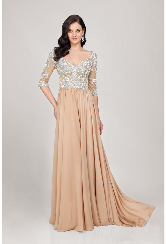Terani Couture - V- Neck Beaded Chiffon A-line Evening Dress 1711M3379 In Neutral