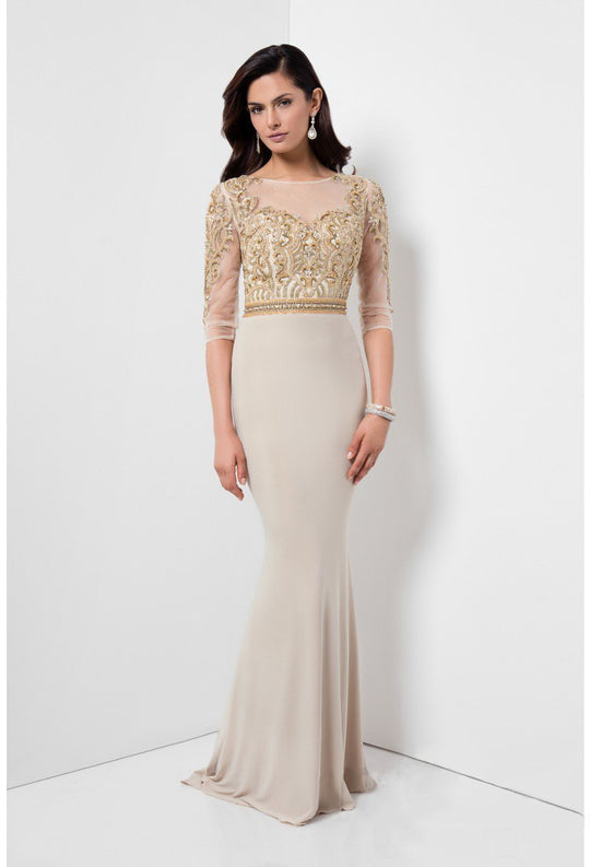 Terani Couture - Beaded Three-quarter Sleeve Illusion Dress 1711M3403 In Neutral