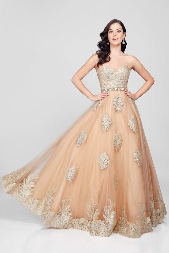Terani Couture - Luxurious Strapless Sweetheart A-line Gown with Emblellished Waist 1712P2890 In Gold and Neutral