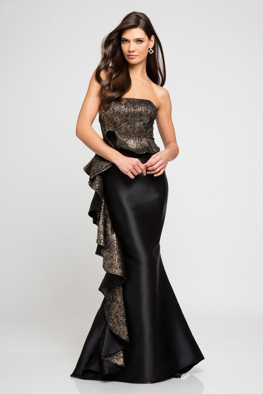 Terani Couture - 1721E4120 Strapless Gown with Ruffled Side Panel in Black and Gold