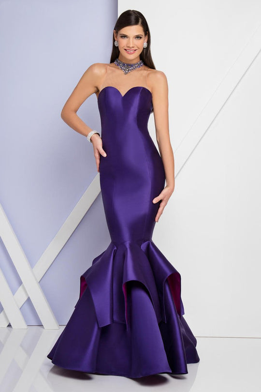 Terani Couture - 1721E4125 Illusion High Neck Ruffled and Mermaid Gown in Purple and Pink