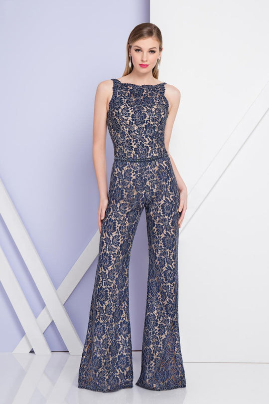 Terani Couture - 1721E4131 Sleeveless Floral Bateau Neck Jumpsuit in Blue and Silver