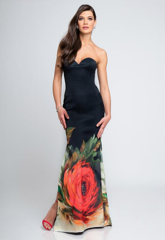 Terani Couture - 1721E4166 Strapless Multi Colored Floral Long Dress in Black, Multi-Color and Floral