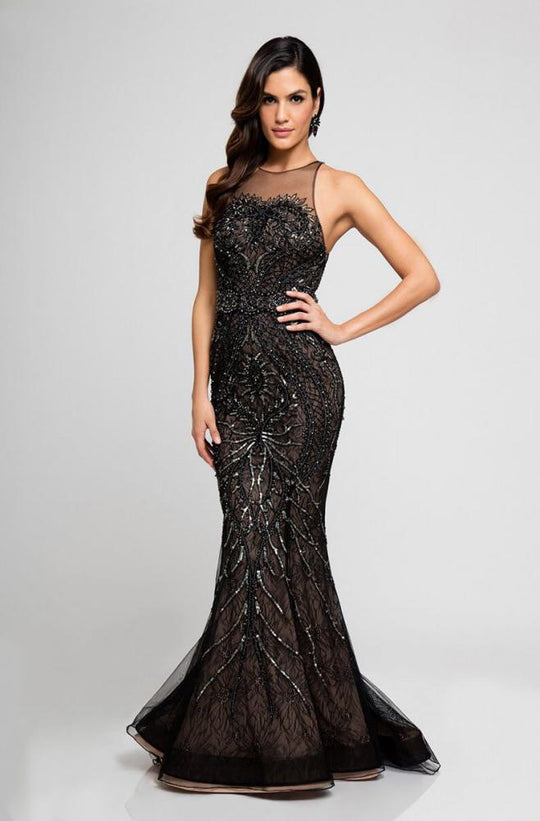Terani Couture - 1721GL4431 Illusion Halter Neck Trumpet Dress in Black