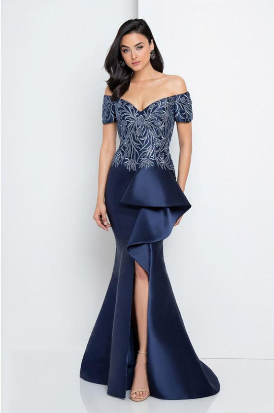 Terani Couture - 1721M4311 Laced V-Neck Trumpet Dress in Blue