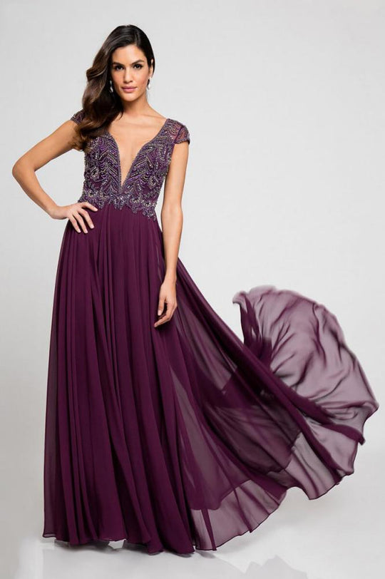 Terani Couture - 1721M4318 Deep V-Neck A-Line Dress in Purple