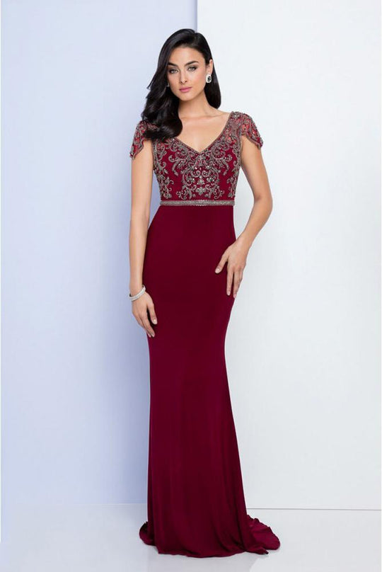 Terani Couture - 1721M4330 Embellished V-Neck Sheath Dress in Red