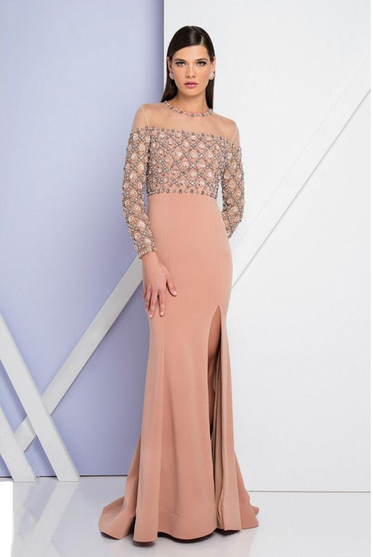 Terani Couture - 1721M4336 Illusion Jewel Neck Sheath Dress in Neutral