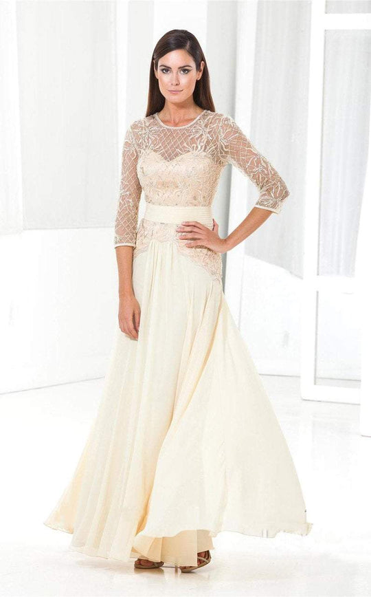 Terani Couture - E3816 Beaded Jewel Quarter Length Sleeves Long Dress in Neutral