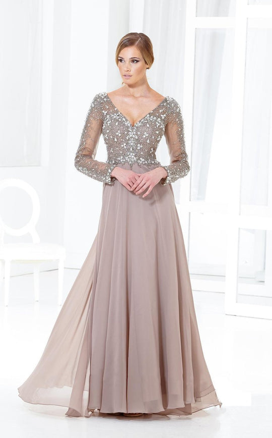 Terani Couture - M3811 Beaded V Neck Long Sleeve Chiffon Gown in Brown