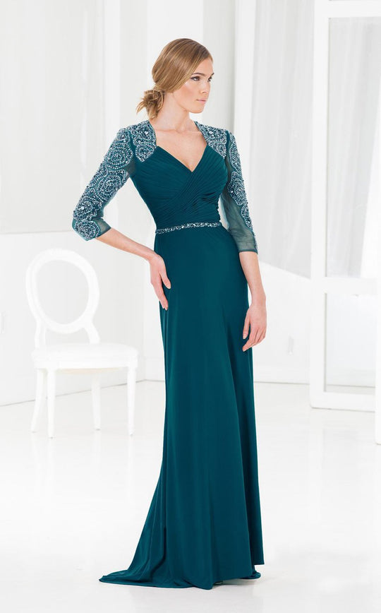 Terani Couture - M3828 Sparkling  Queen Anne Style Long Dress in Green
