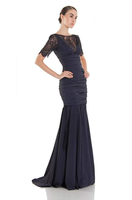 Theia - Lace Ruched Evening Dress in Black