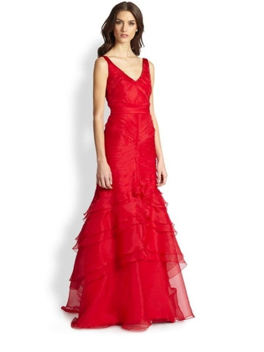 Theia - V-Neck Silk Organza Mermaid Dress 881925 in Red