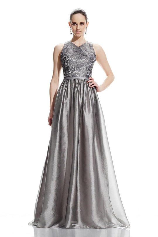 Theia - 882546 Metallic Lace Sleeveless Evening Dress in Silver
